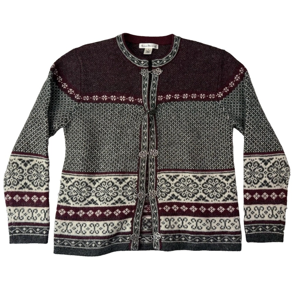Susan Bristol Cardigan Sweater Womens Burgundy Wool Nordic Fair Isle Clasp Small